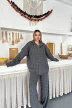 Briar Cable Knit Hooded Two-Piece Set – Light Brown