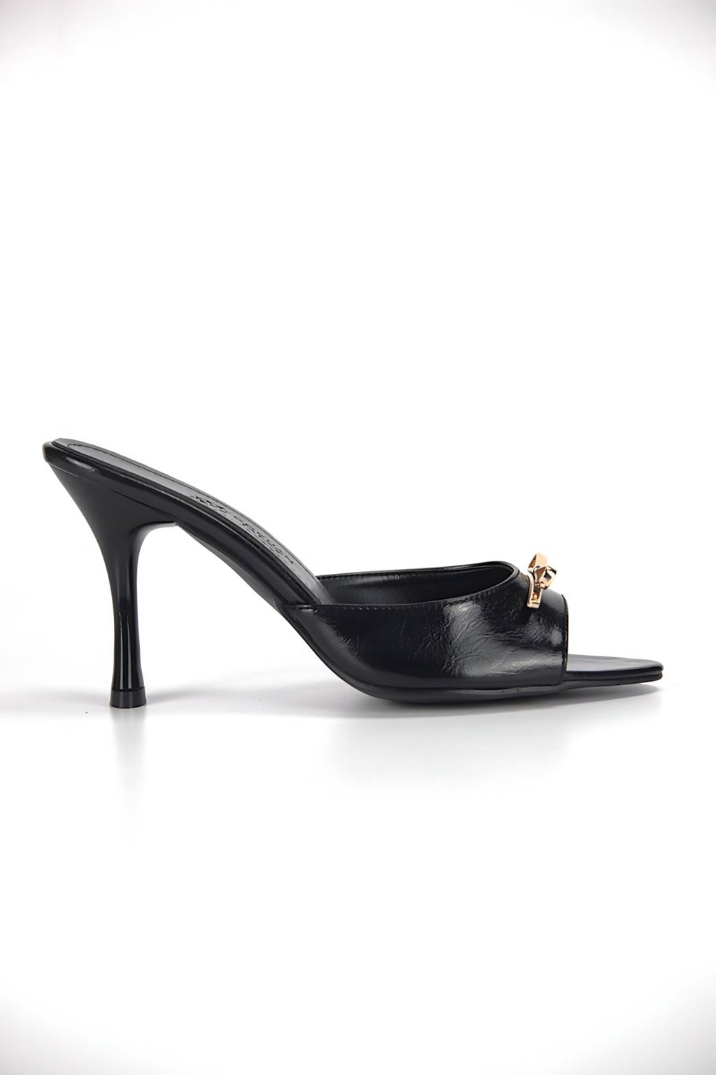 Mirelya Black Patent Leather Women's Heeled Slippers with Metal Bow Detail - 8 CM Slim Heel Comfort