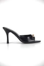 Mirelya Black Patent Leather Women's Heeled Slippers with Metal Bow Detail - 8 CM Slim Heel Comfort