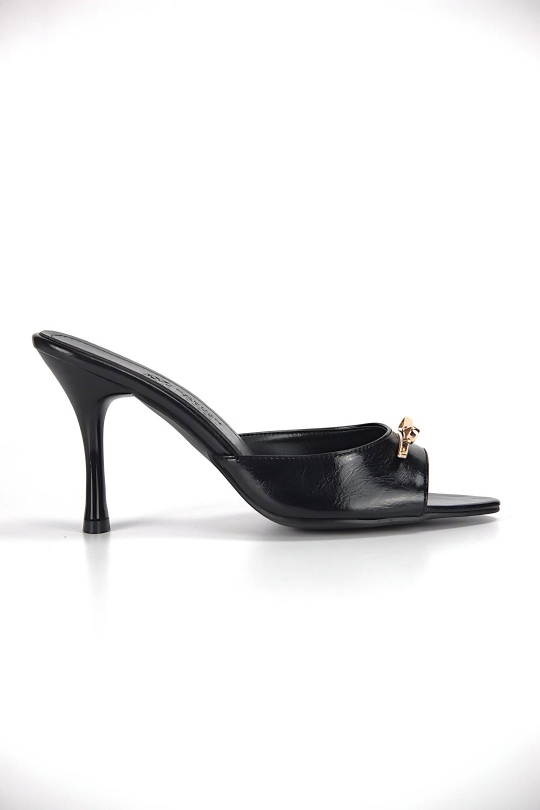 Mirelya Black Patent Leather Women's Heeled Slippers with Metal Bow Detail - 8 CM Slim Heel Comfort
