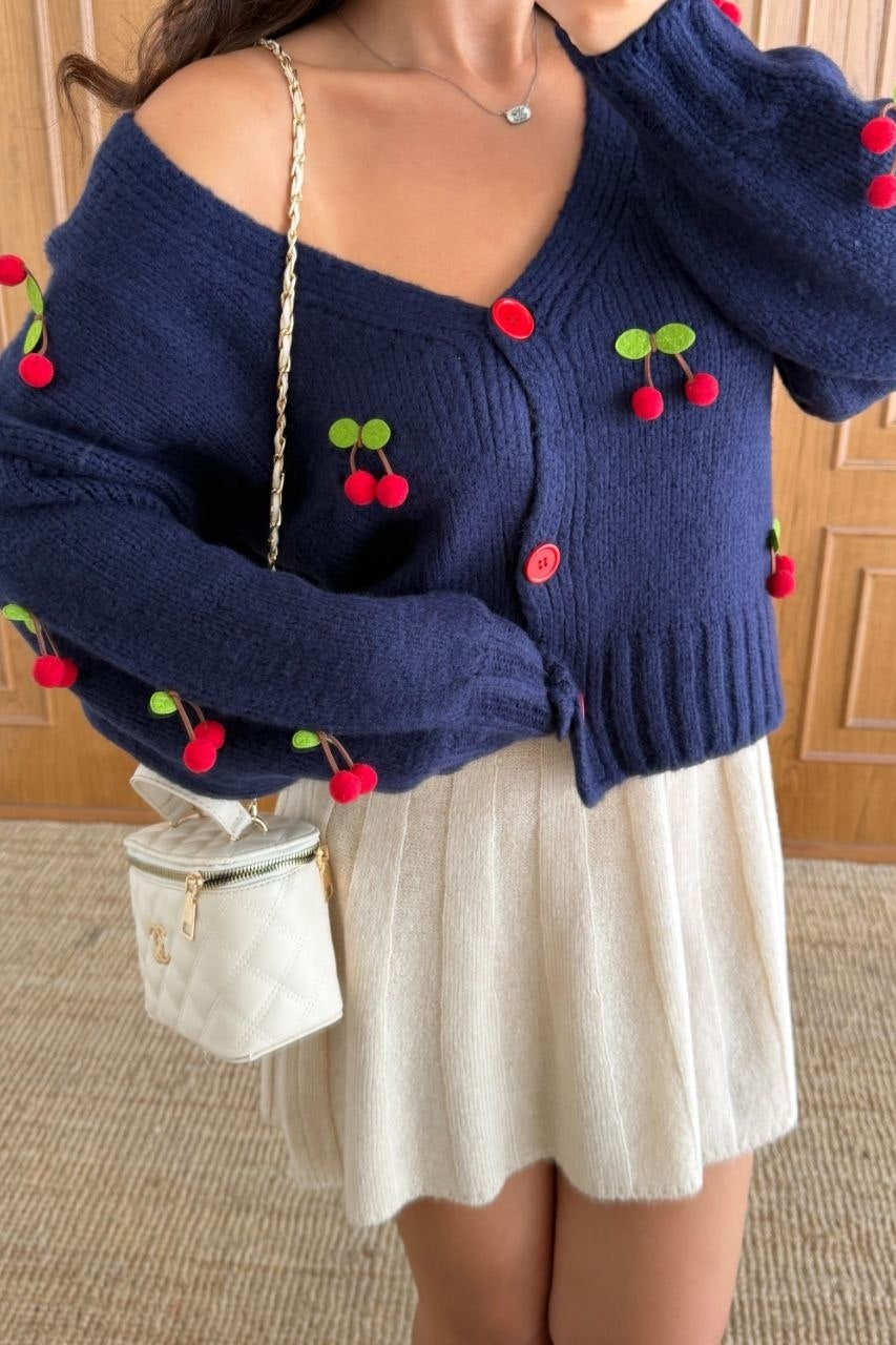 Cherrique Cherry Appliqué Button-Up Cardigan