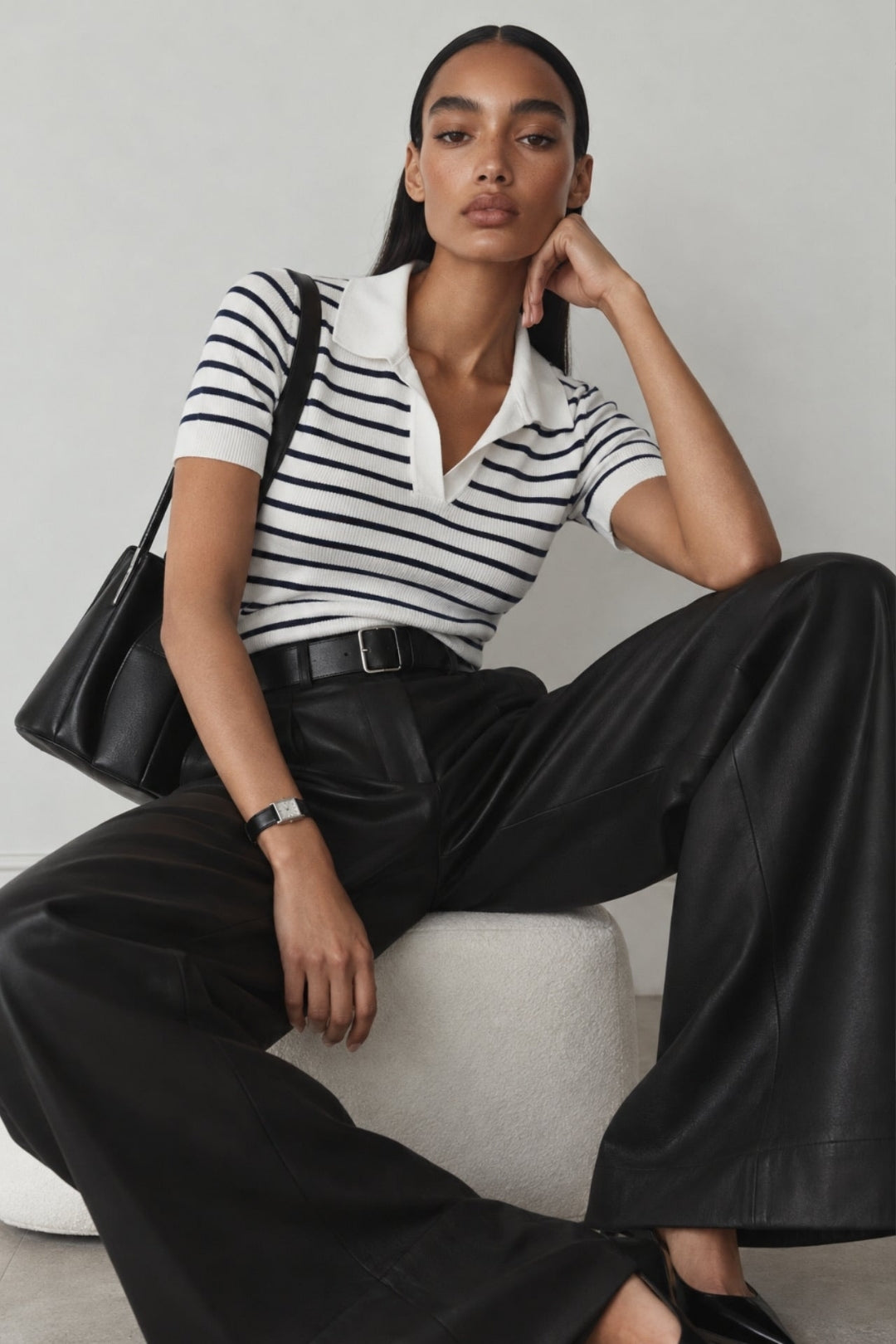 Rivett Striped Polo Knit Top – White