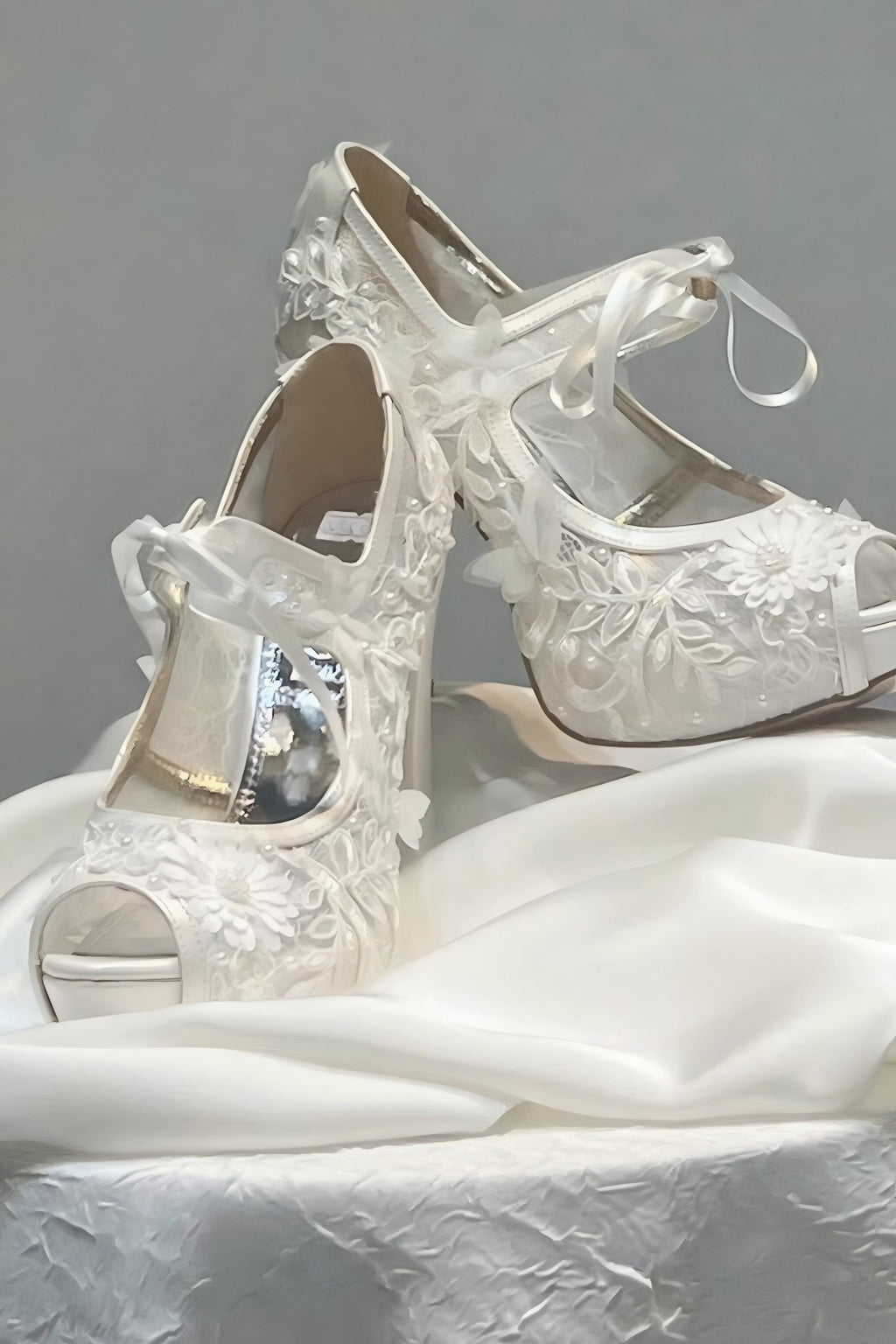 Floral Embroidered and Ribbon-Laced Platform Wedding Shoes