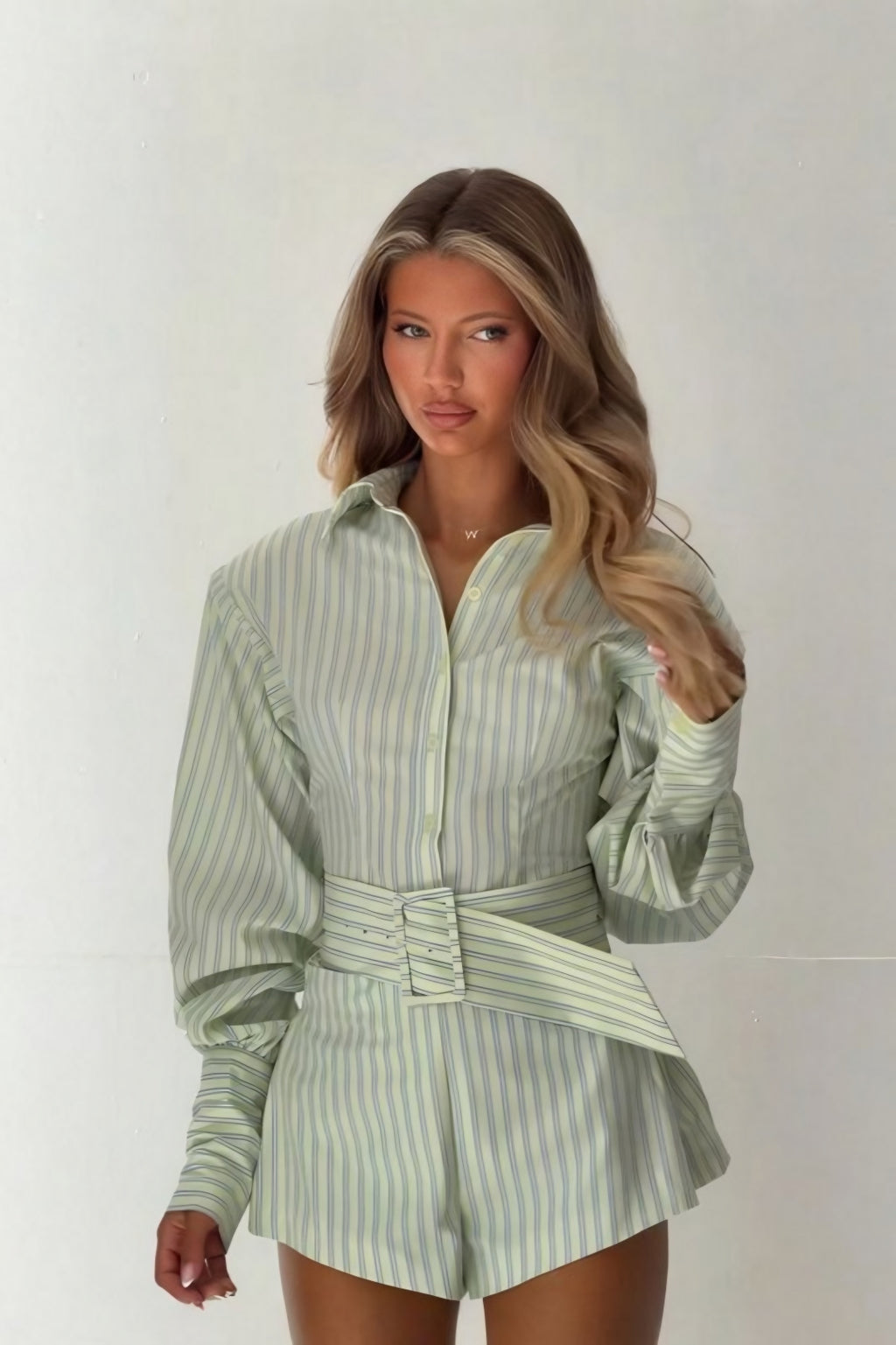 Seravelle Striped Belted Shirt & Shorts Set – Green