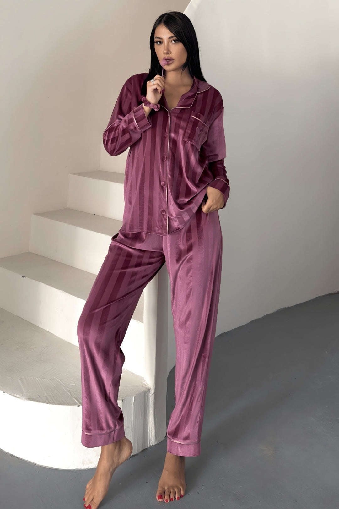 Estelle Striped Velvet Pajama Set – Dusty Rose Pink