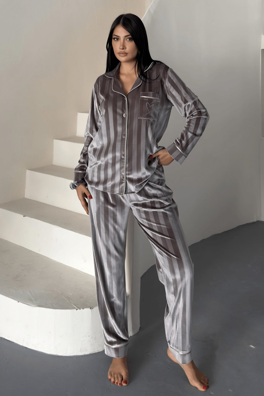 Estelle Striped Velvet Pajama Set – Grey