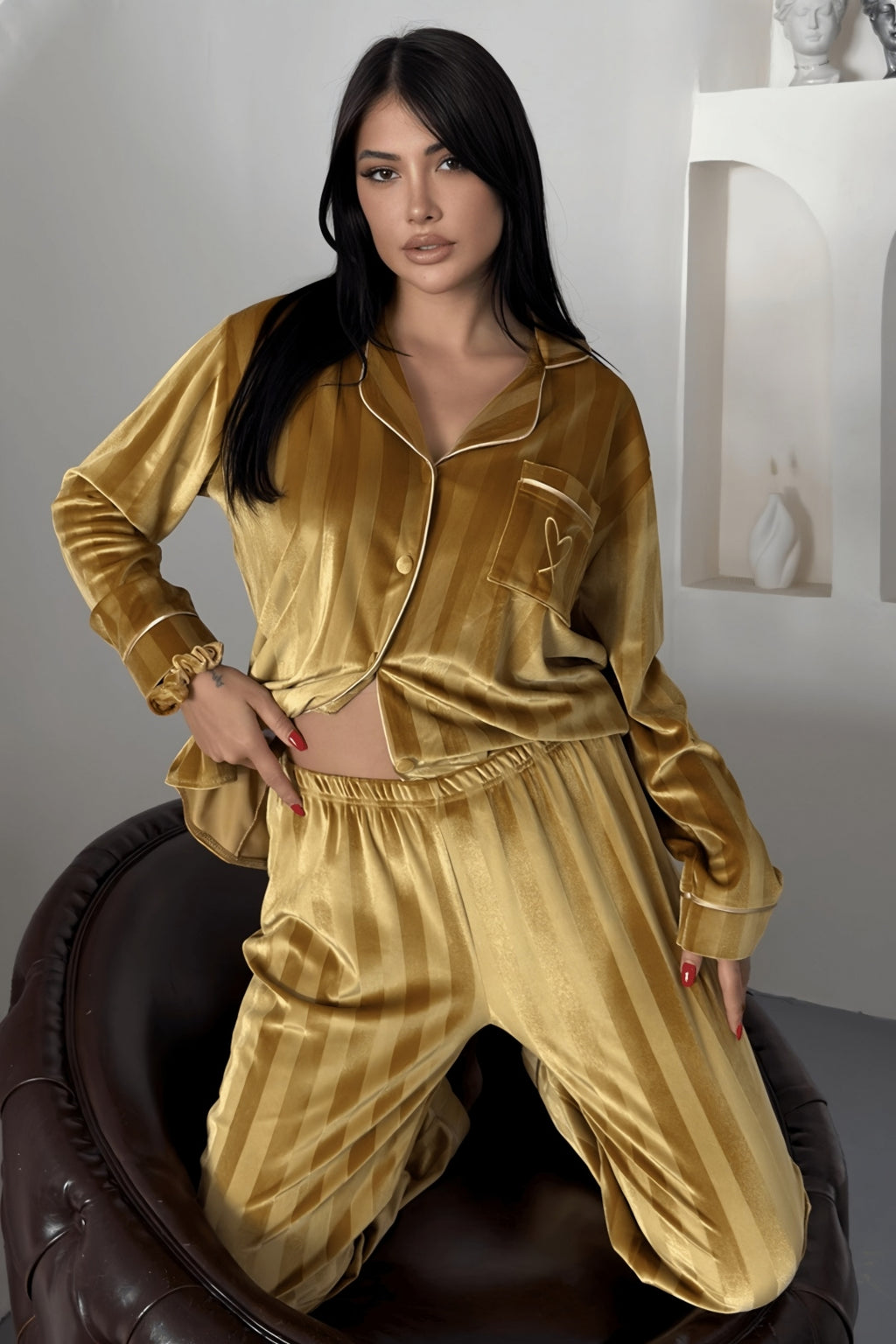Estelle Striped Velvet Pajama Set – Grey