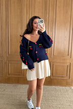 Cherrique Cherry Appliqué Button-Up Cardigan