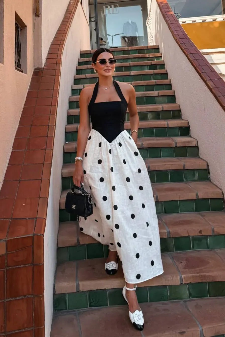 Marcelline Polka Dot Halter Maxi Dress – Black & White