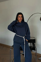 Cavielle Contrast-Tie Hoodie & Wide-Leg Tracksuit Set – Smoke Gray