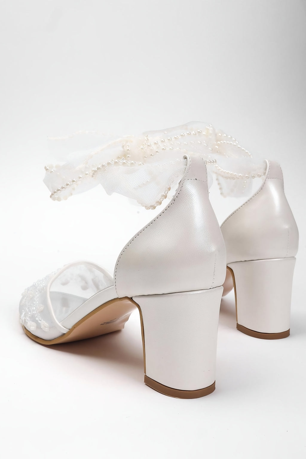 Low Block Heel Wedding Shoes with Pearl Detail and Tulle Ribbon