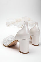 Low Block Heel Wedding Shoes with Pearl Detail and Tulle Ribbon