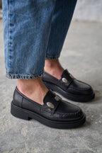 Bizar Black Genuine Leather Women's Loafers