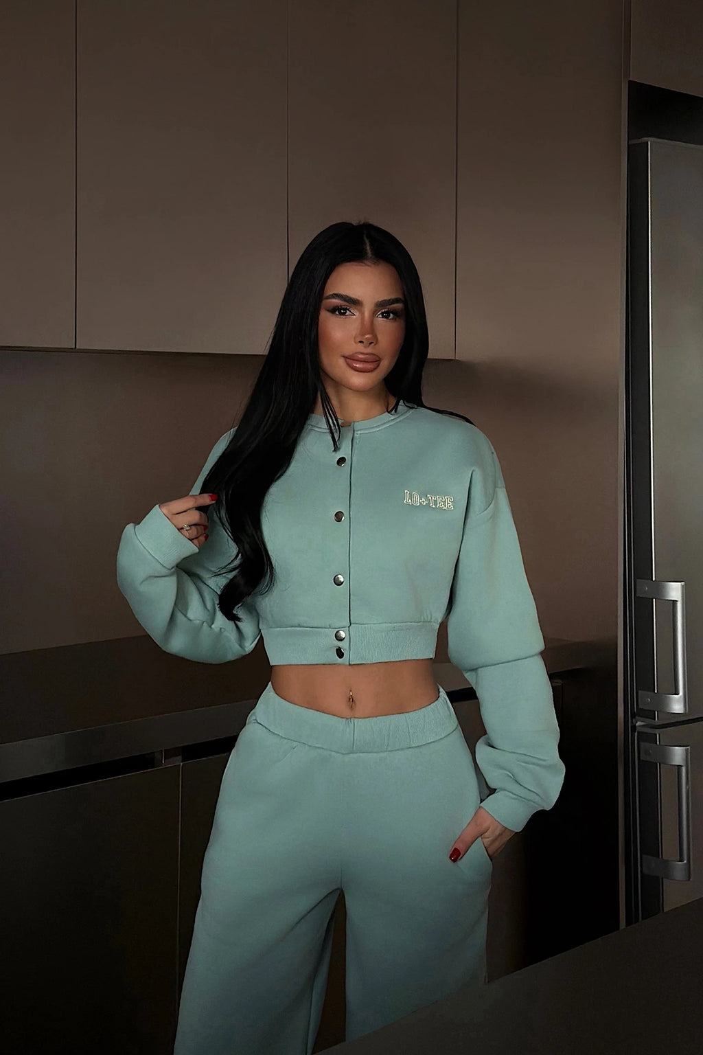 Riven Cropped Button-Up Tracksuit – Aqua