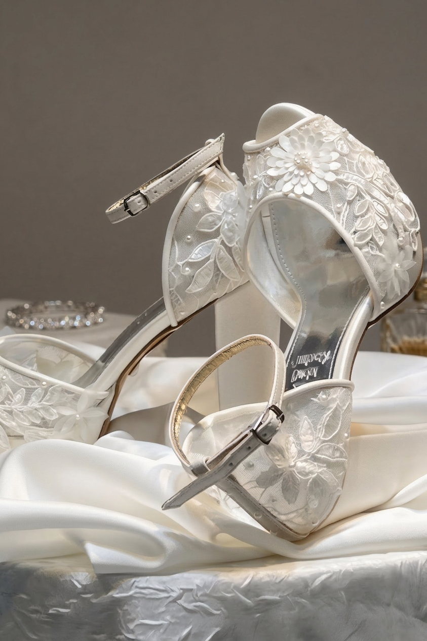 White Floral Lace Wedding Shoes - Platform Block Heel Open Toe Bridal Shoes