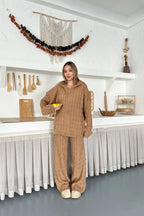 Briar Cable Knit Hooded Two-Piece Set – Light Brown
