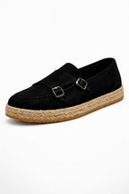 Black Genuine Suede Leather Double Monk Strap with Woven Sole