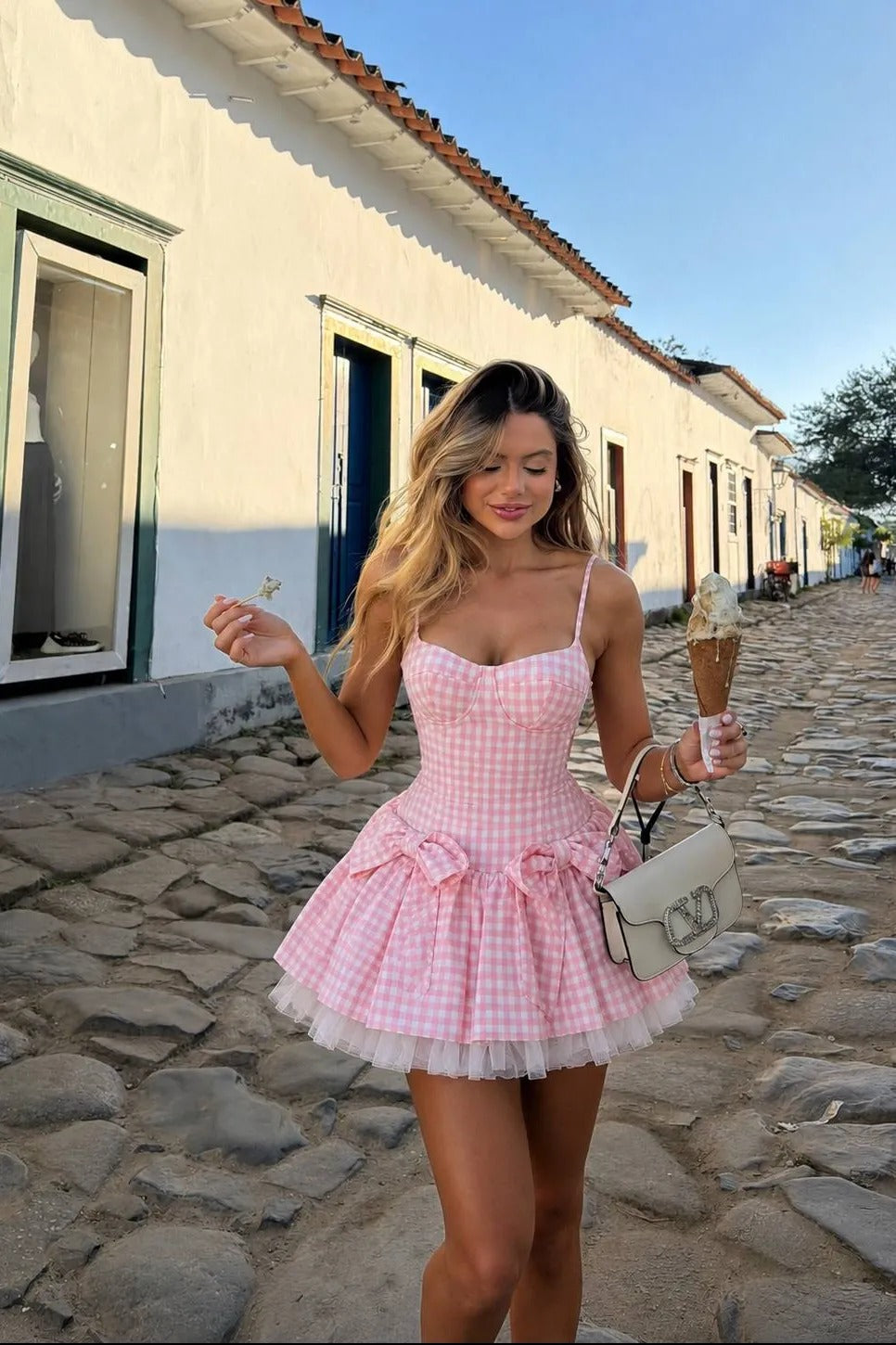 Amelisse Pink Gingham Bow Mini Dress