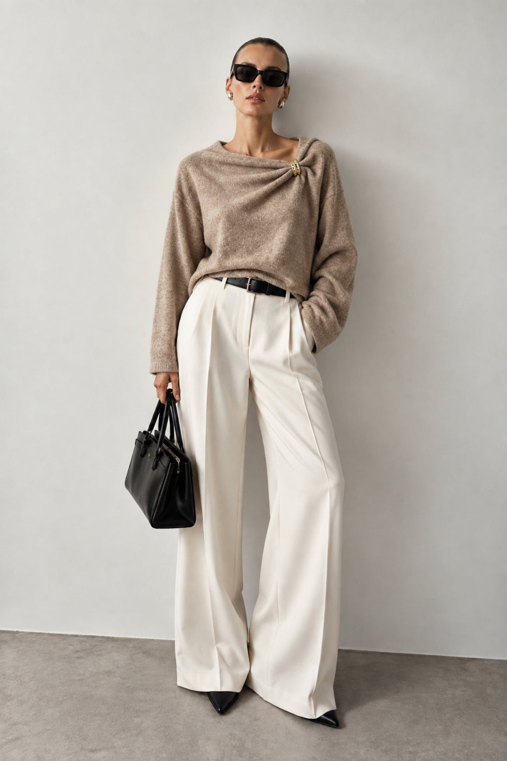 Cairn Draped-Neck Detail Knit Sweater – White