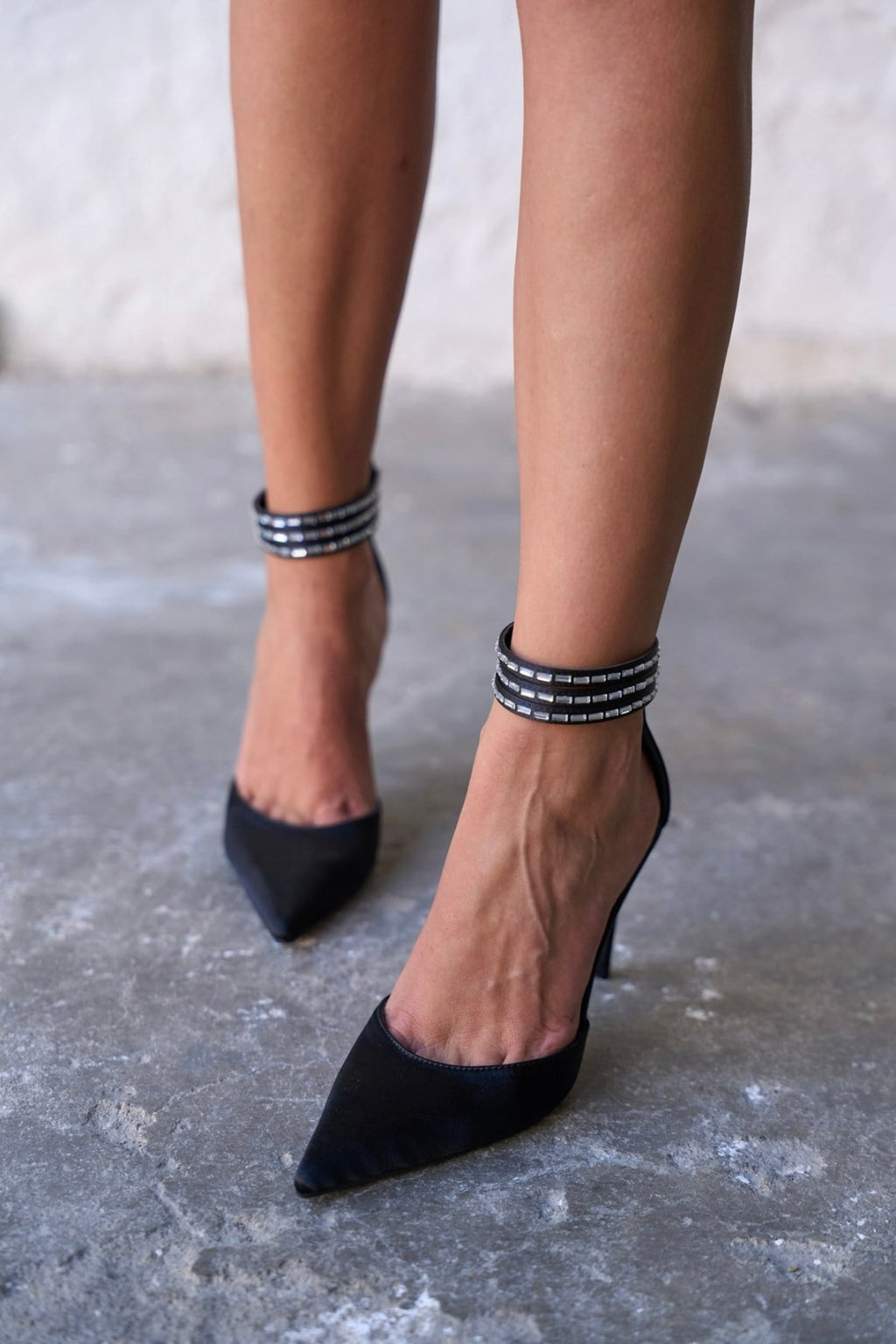 Madrid – Crystal Ankle Satin Heels – Black