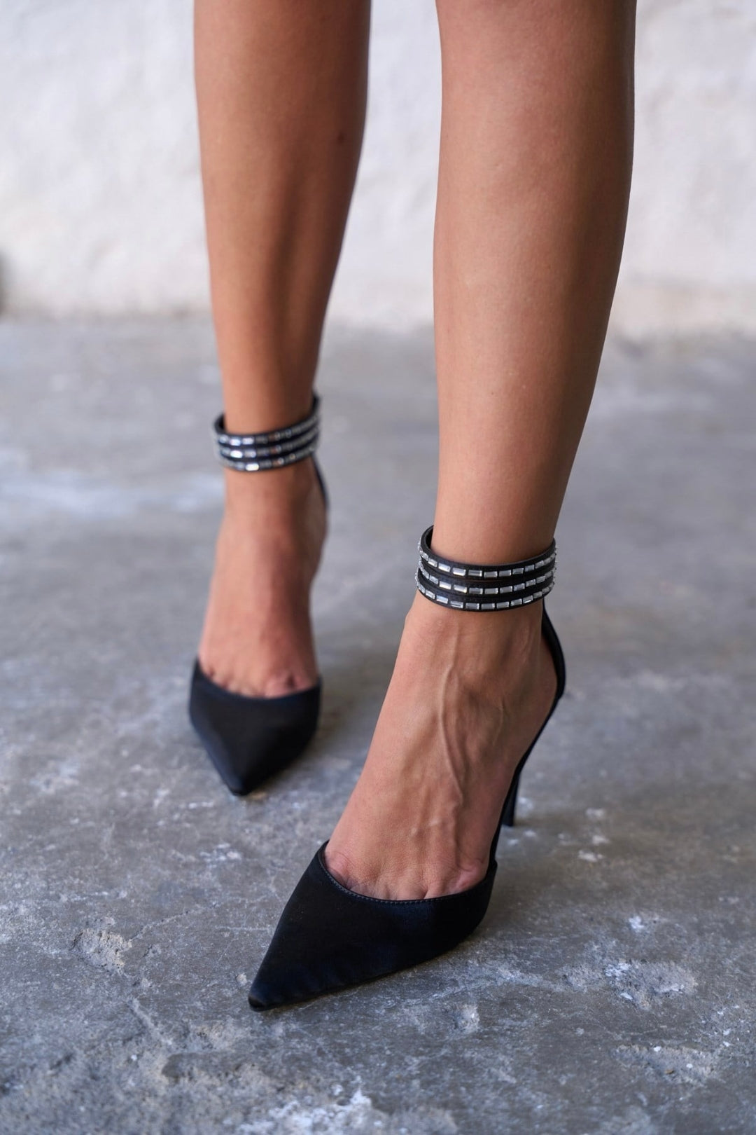 Madrid – Crystal Ankle Satin Heels – Black