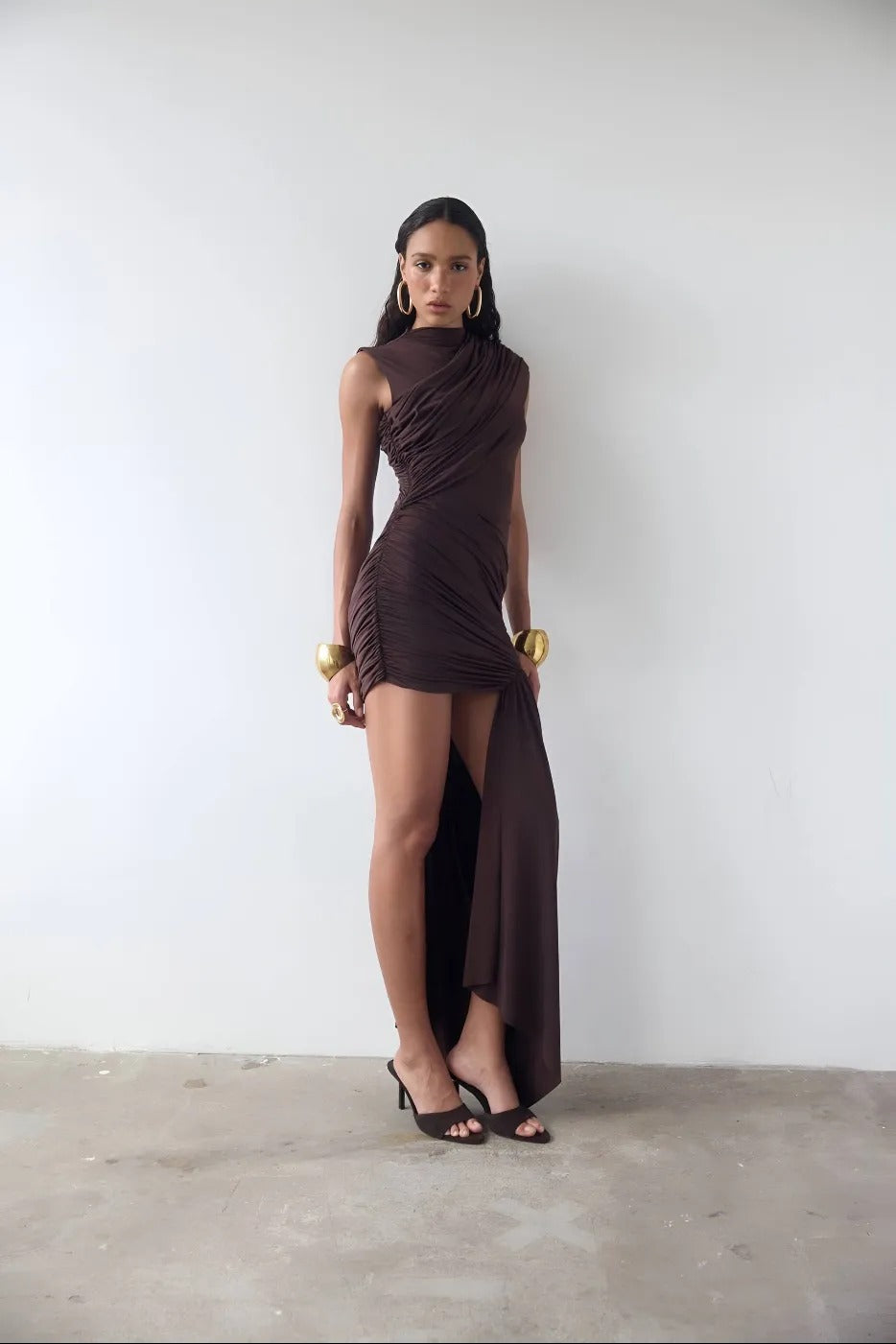 Aureline Ruched Draped Mini Dress – Chocolate Brown