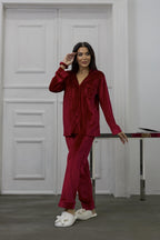 Estelle Striped Velvet Pajama Set — Red