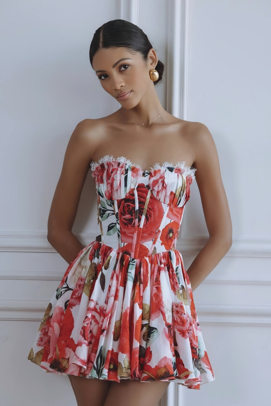 Maribelle Floral Corset Mini Dress – Red