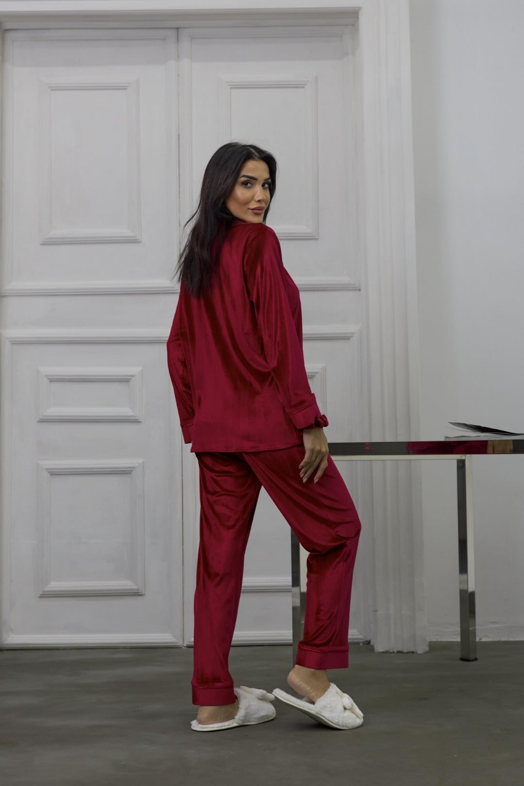Estelle Striped Velvet Pajama Set — Red