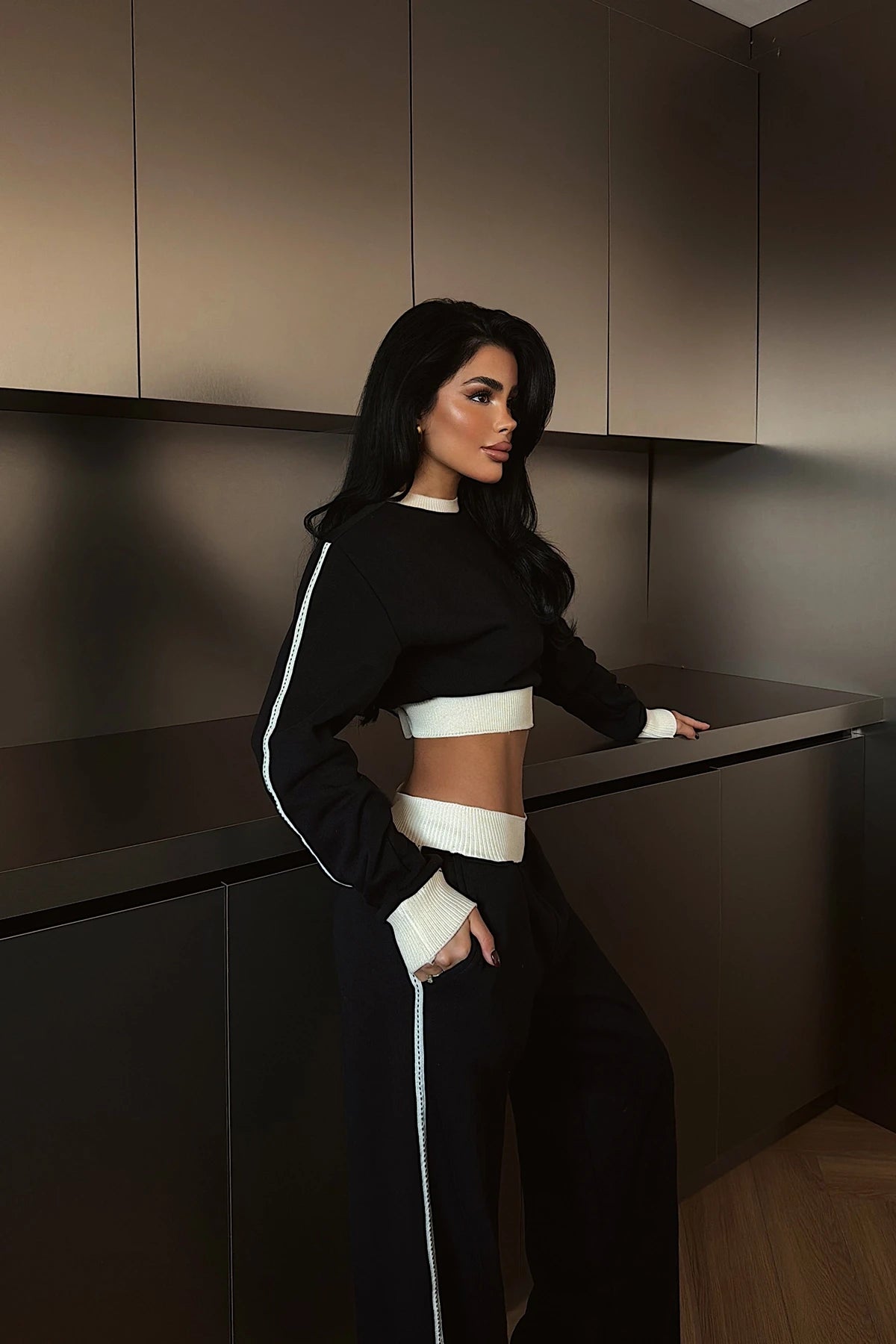 Clause Contrast Trim Fleece Tracksuit Set – Black