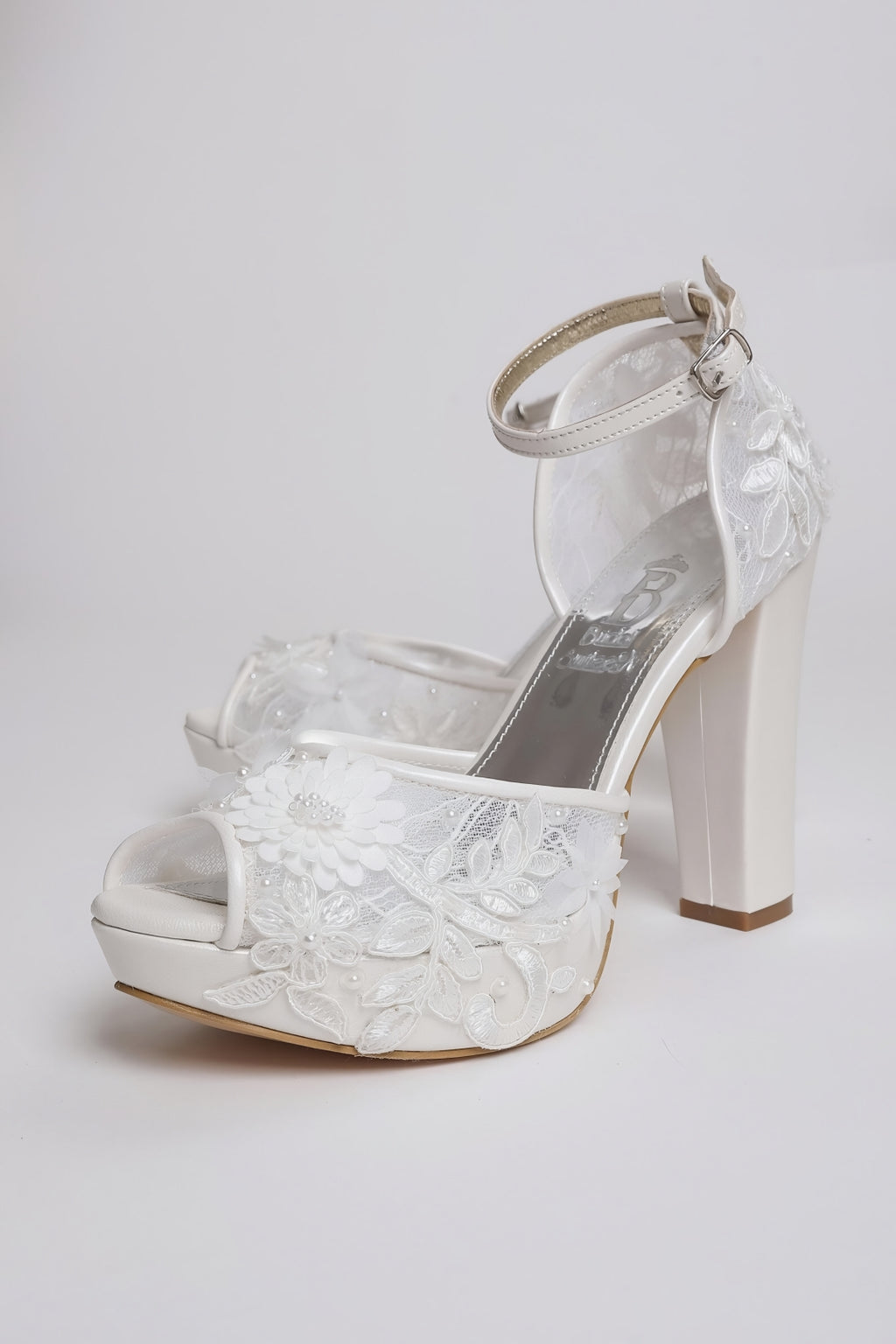 White Floral Lace Wedding Shoes - Platform Block Heel Open Toe Bridal Shoes