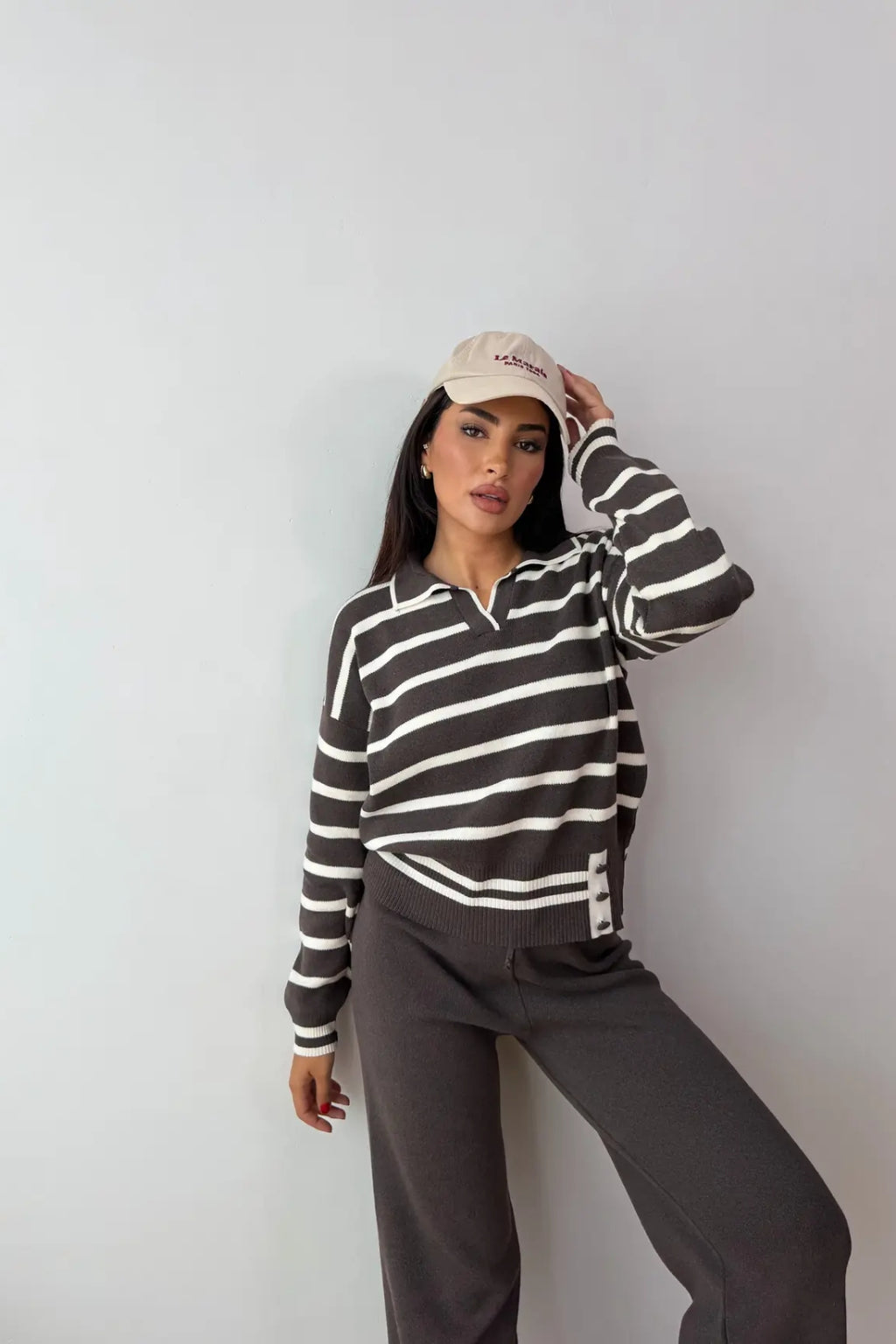Blythe Striped Polo Knit Two-Piece Set – Cream&Brown