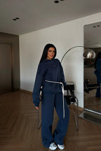 Cavielle Contrast-Tie Hoodie & Wide-Leg Tracksuit Set – Smoke Gray