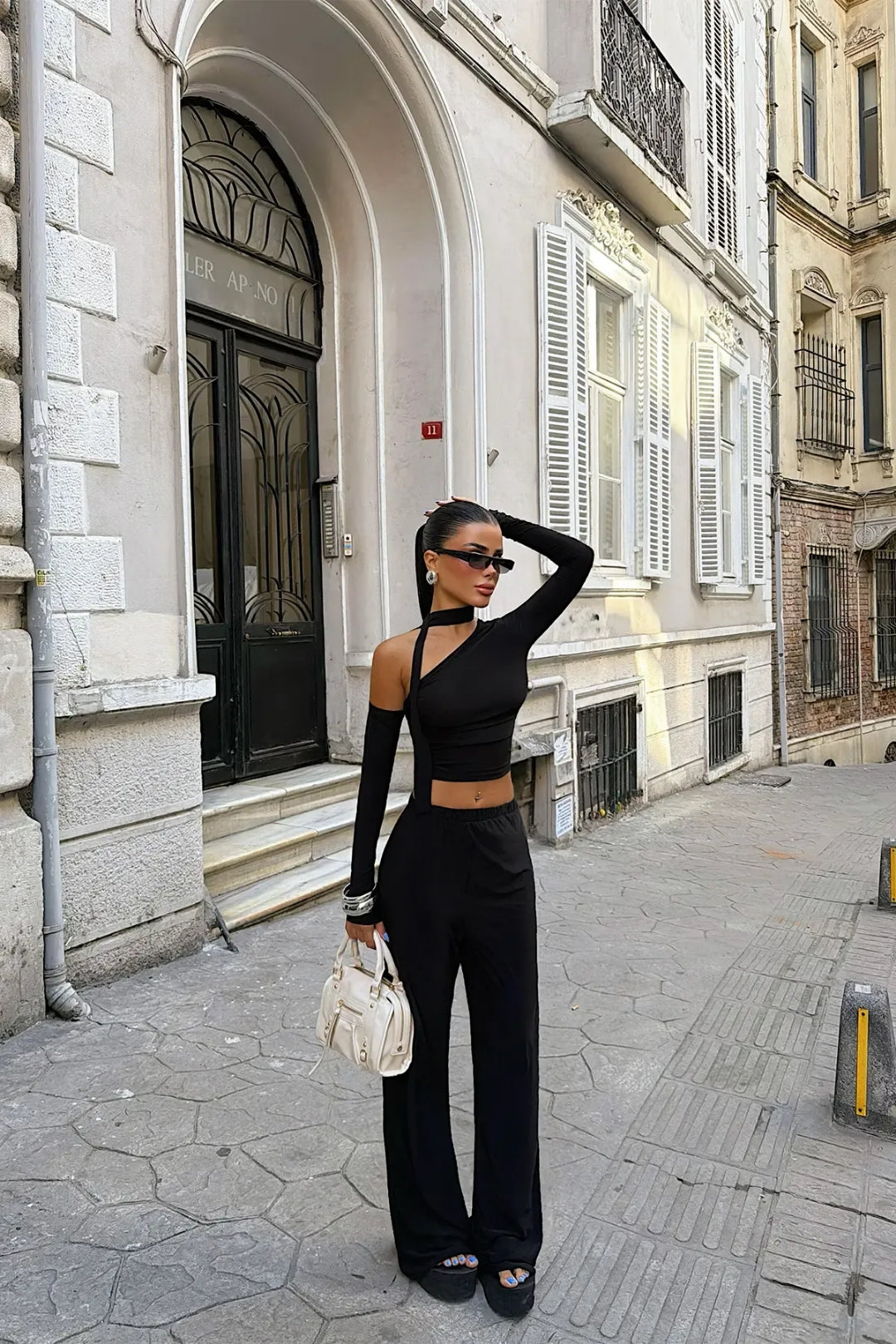 Amaris Off-Shoulder Wide-Leg Set – Black