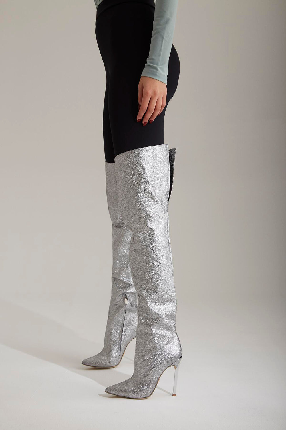 Zavielle Over-the-Knee Stiletto Boots – Metallic Silver