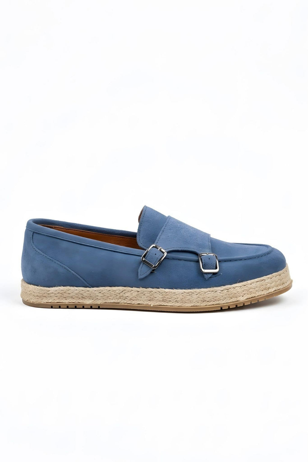 Mavi Hakiki Süet Deri Hasır Kaplama Tabanlı Double Monk Strap