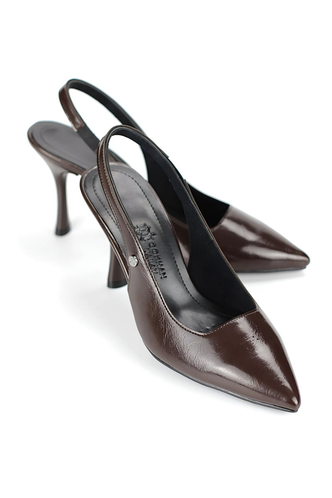 Lavender Esnek Yumuşak Kaymaz Taban (8 cm) Açık Lastikli Slingback Kadın Topuklu Ayakkabı – Kahverengi Rugan