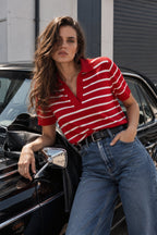 Rivett Striped Polo Knit Top – White