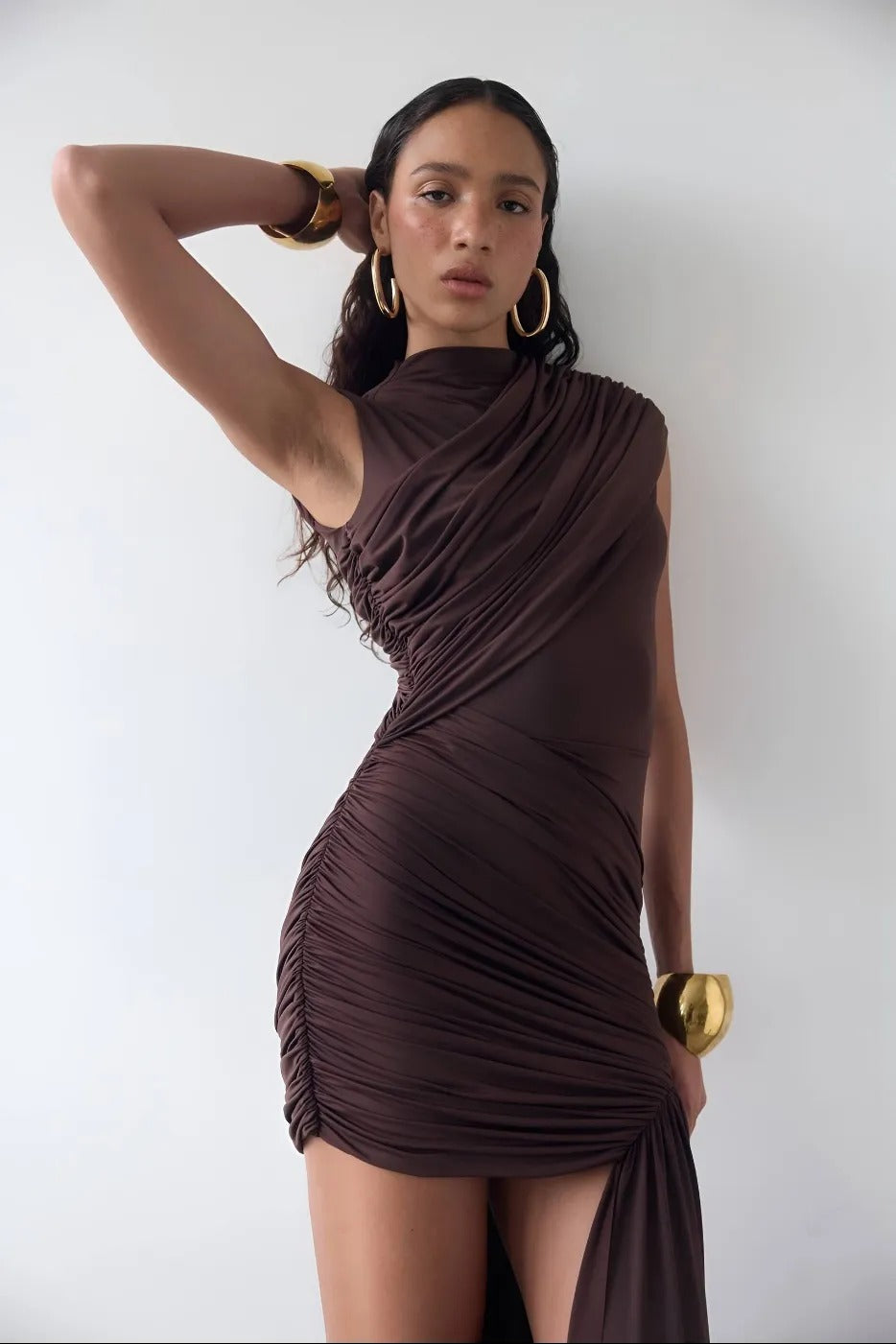 Aureline Ruched Draped Mini Dress – Chocolate Brown
