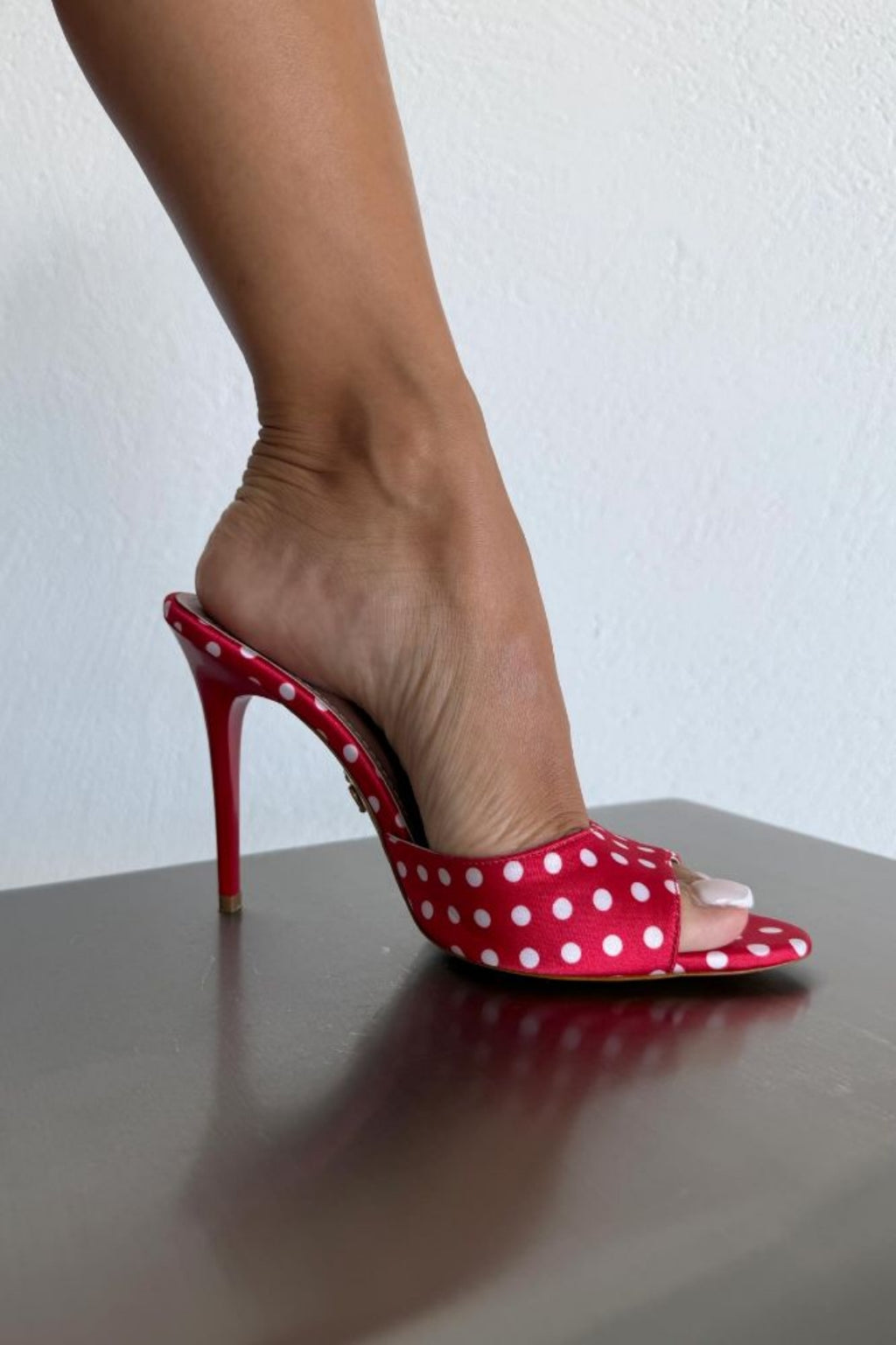London Polka Dot Stiletto Mule Sandals – 10 cm Heel — Red-White