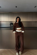 Clause Contrast Trim Fleece Tracksuit Set – Brown