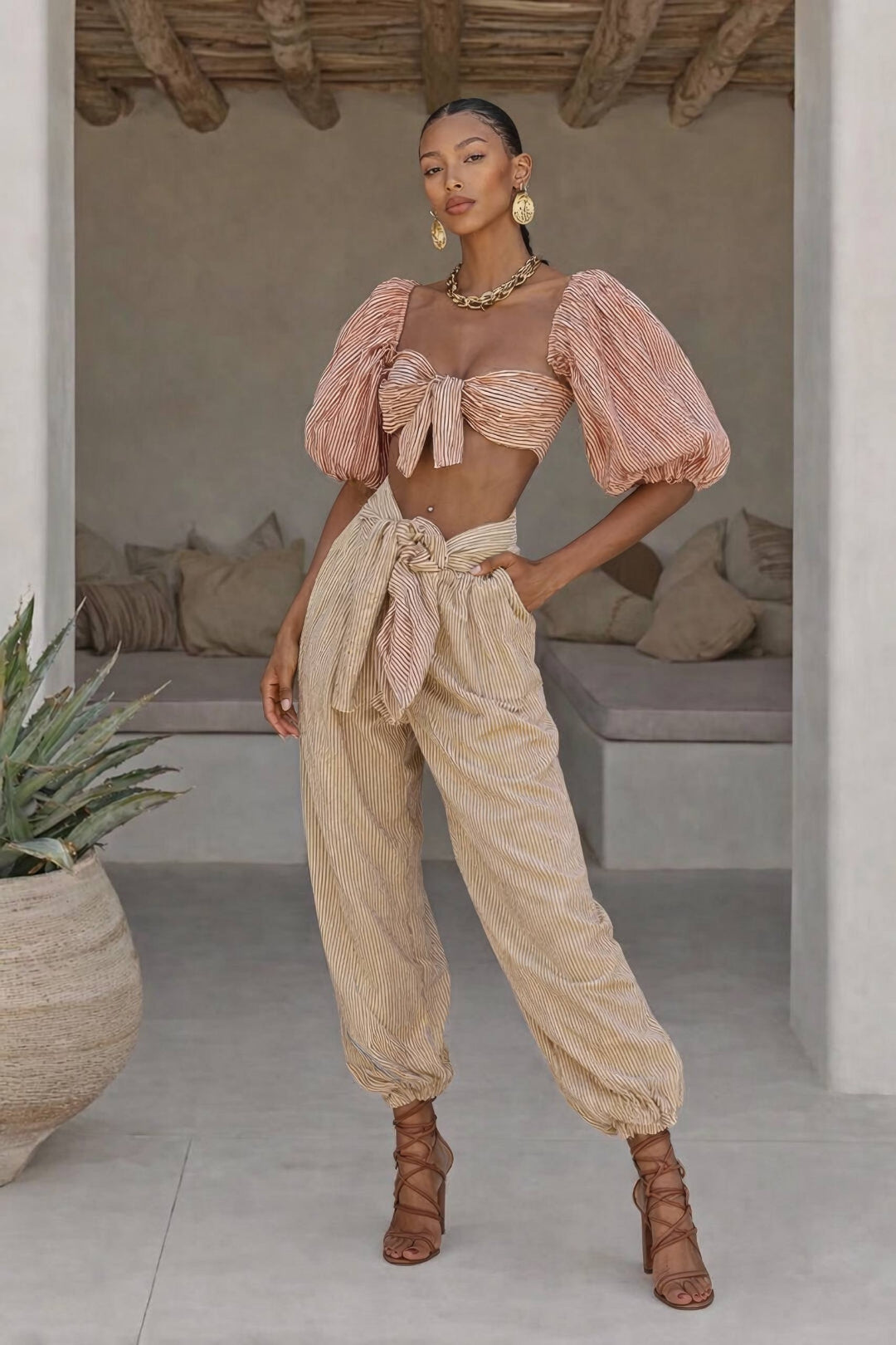 Marielle Soleil Striped Textured Two-Piece Set – Blush Beige