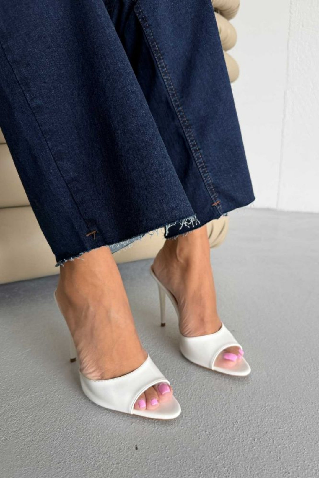 Hailey Patent Leather Stiletto Slide Sandals – 10 CM Heel | White