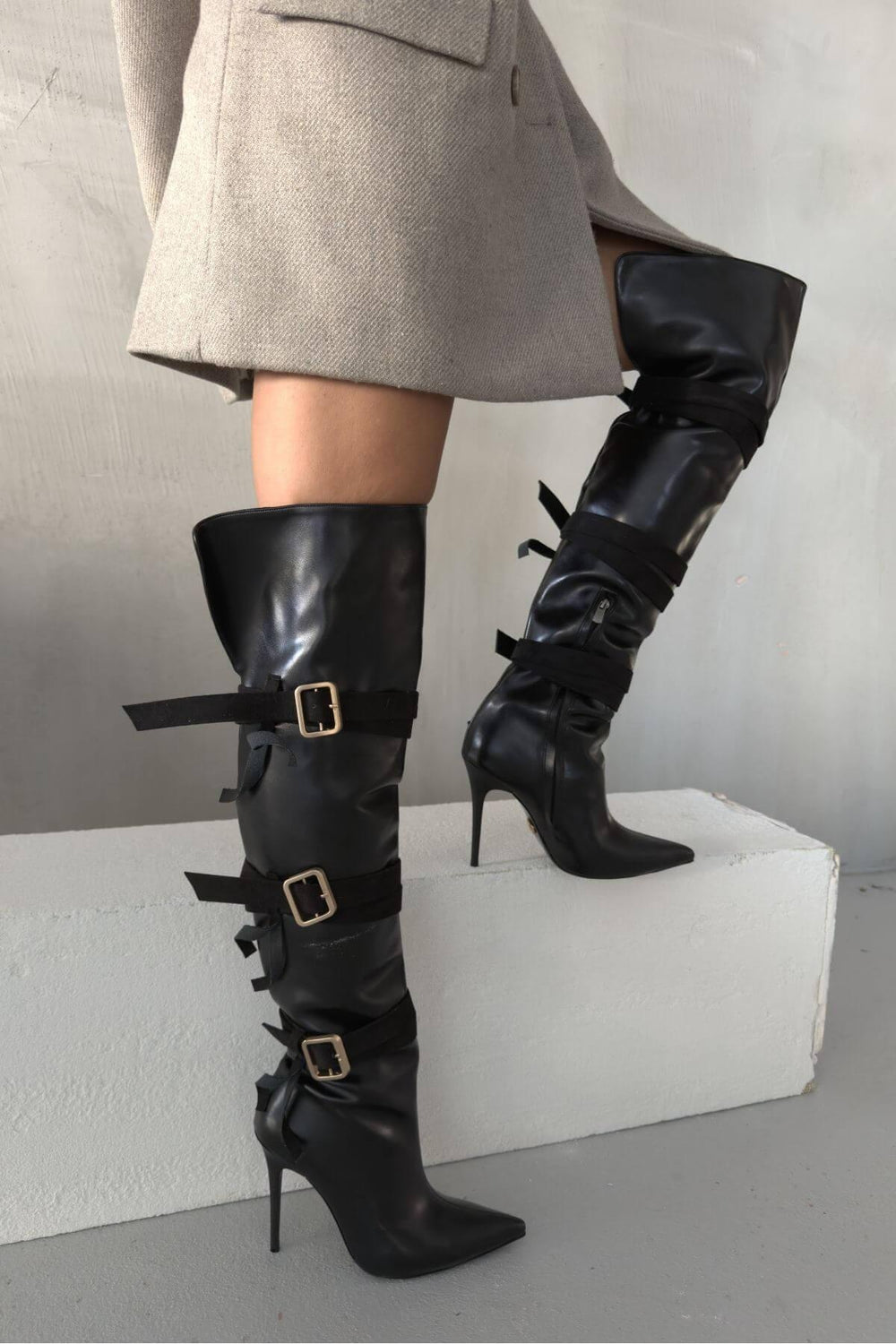 Ravelle Buckle Over-the-Knee Stiletto Boots – Tan Suede