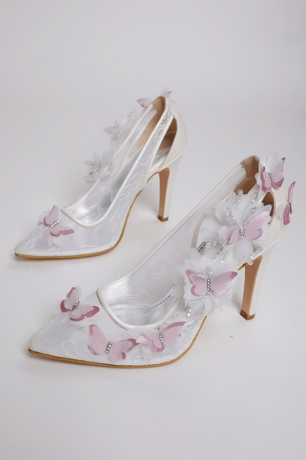 Pink Butterfly White Lace Bridal Stilettos