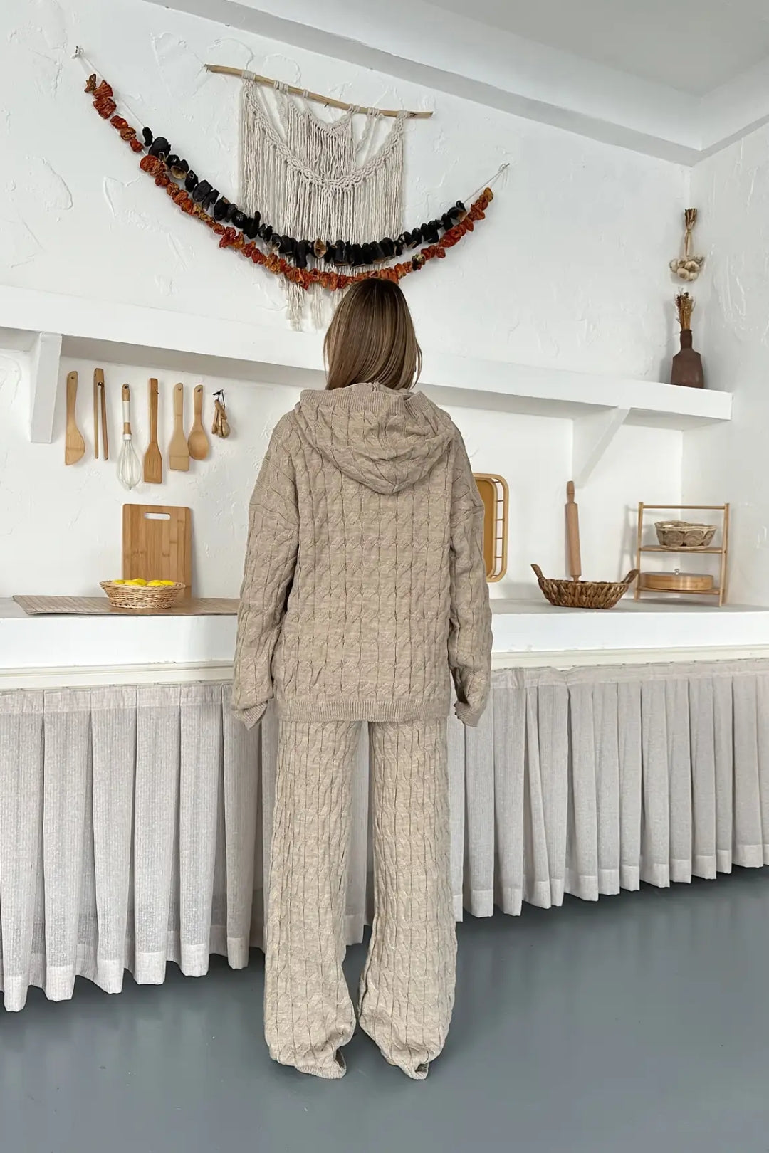 Briar Cable Knit Hooded Two-Piece Set – Light Brown