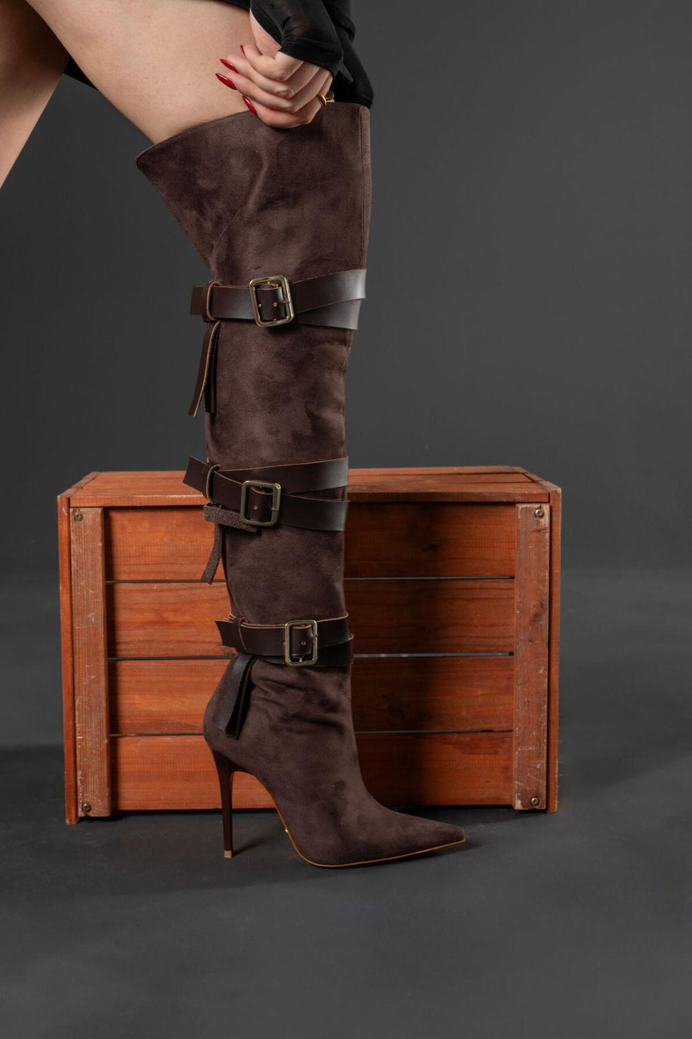 Ravelle Buckle Over-the-Knee Stiletto Boots – Tan Suede