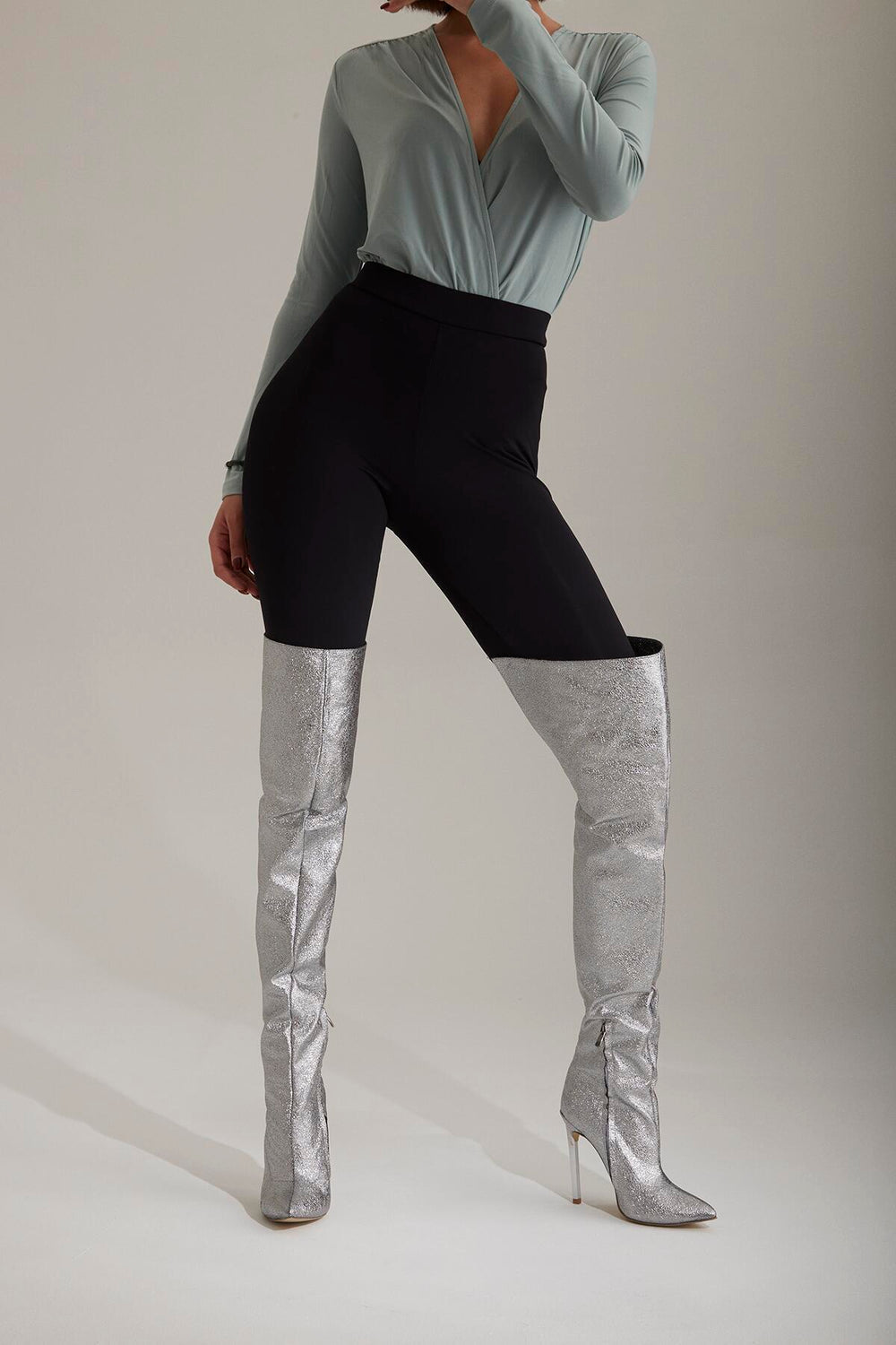 Zavielle Over-the-Knee Stiletto Boots – Metallic Silver