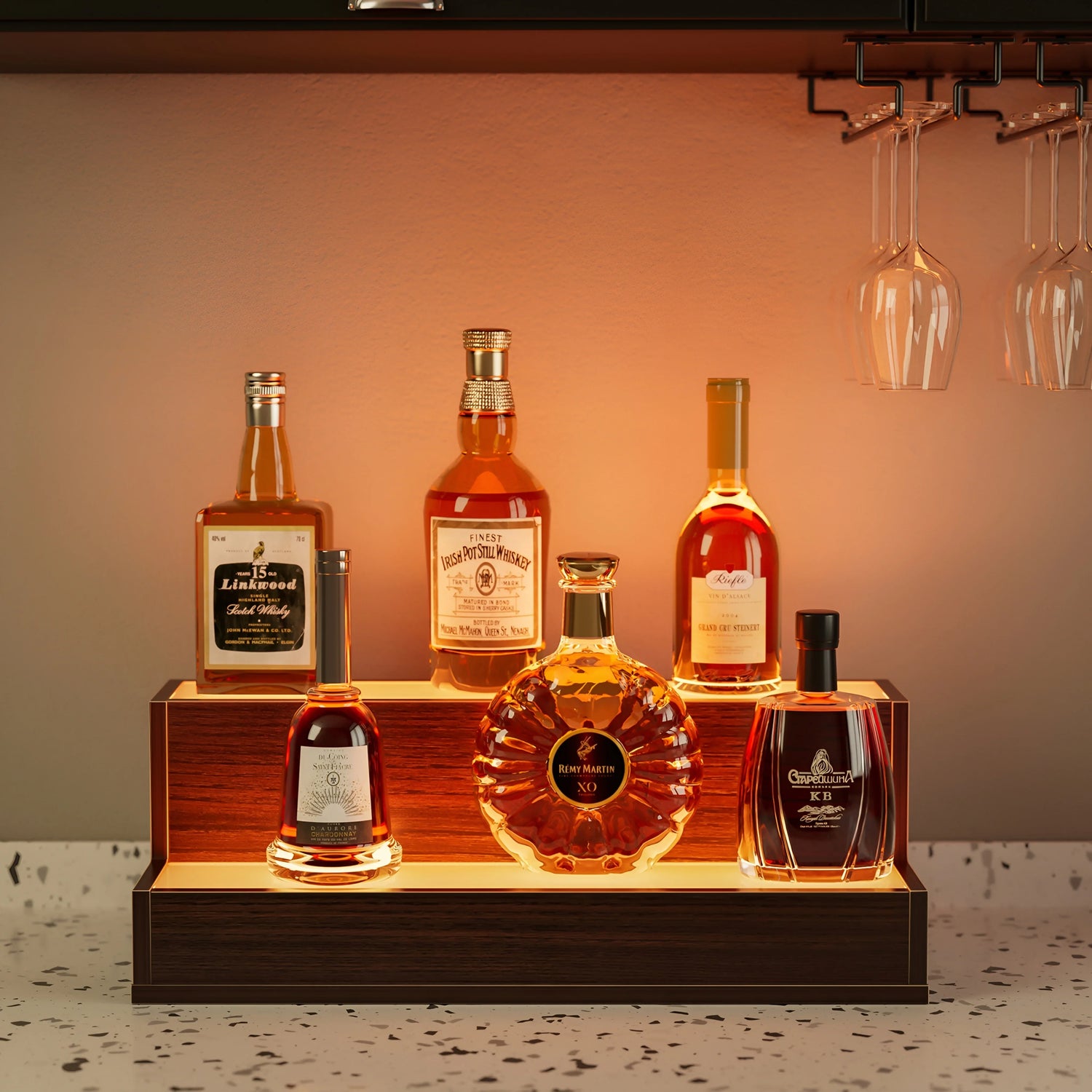 LED Lighted Walnut Liquor Bottle Display Shelf – Modern Home Bar Organizer - TrendiMarkt