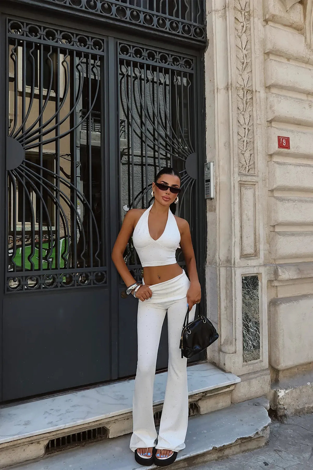 Amina Stone-Detail Flare Pants Set – White